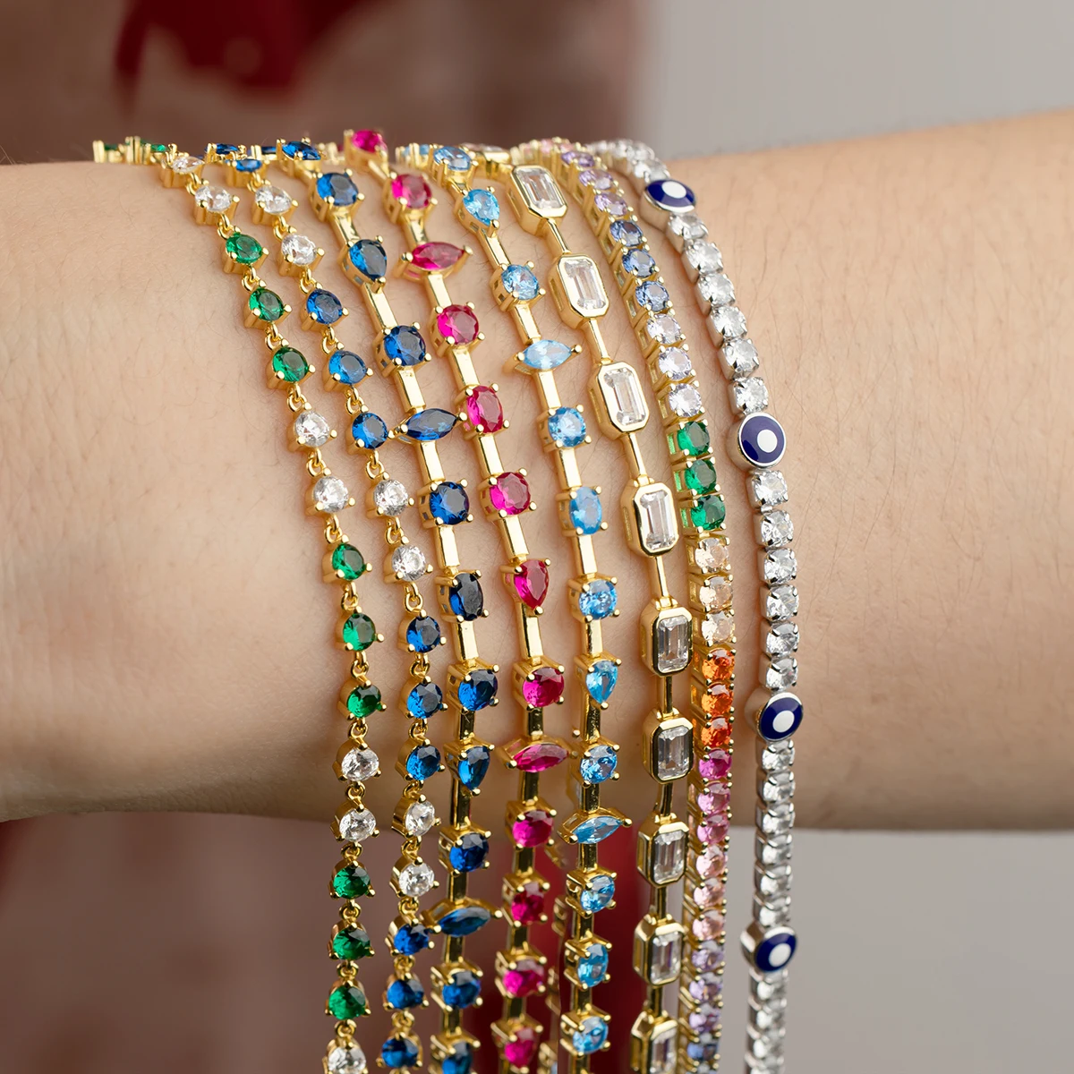 925 Sterling Silver 14K Gold Plated Women Jewelry Tennis Aquamarine Ruby Sapphire Color Gemstone Zircon Bracelet