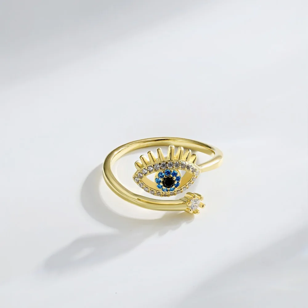 Popular Wholesale 925 Sterling Silver Fine Jewelry 18K Gold Plated Zircon Pave Blue Evil Eye Rings Adjustable