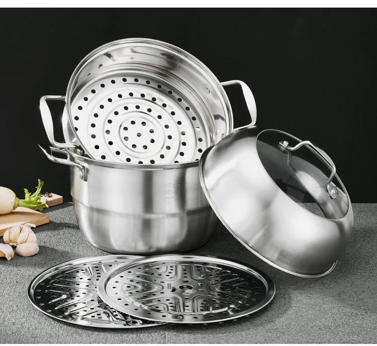 Three-layer Thick Steamer 304 Stainless Steel Double-layer Steamer Large Household For Soup & Stock Pots