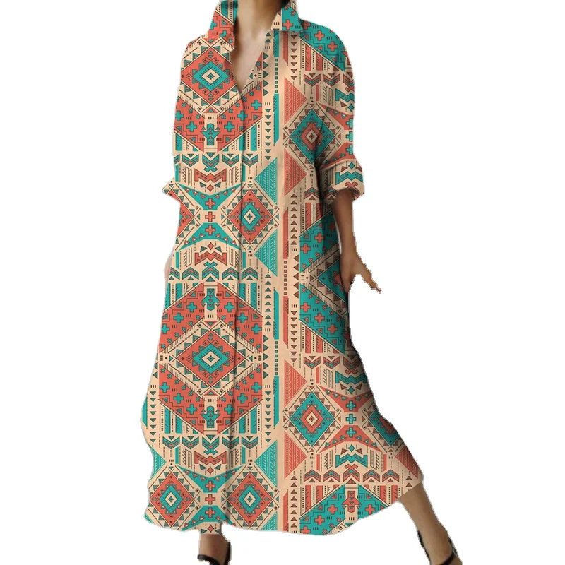 European and American retro ethnic pattern skirts. 3D digital printing. elegant temperament.  spring and autumn dresses