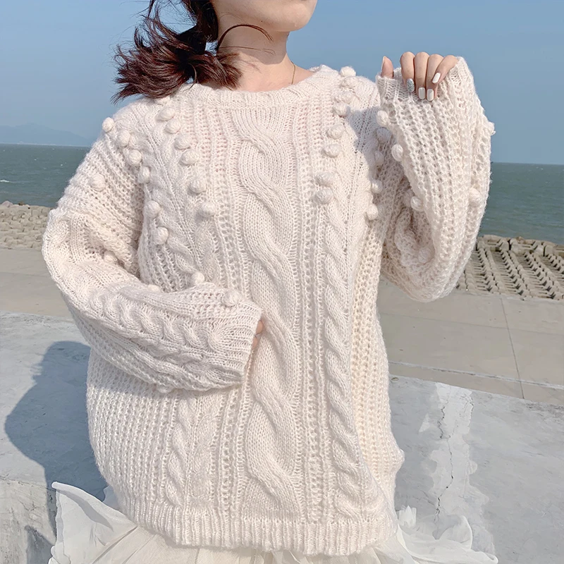 Womens Oversized Chunky Sweaters Casual Loose Knitting Baggy Slouchy Cable Crewneck Sweater with Pompoms