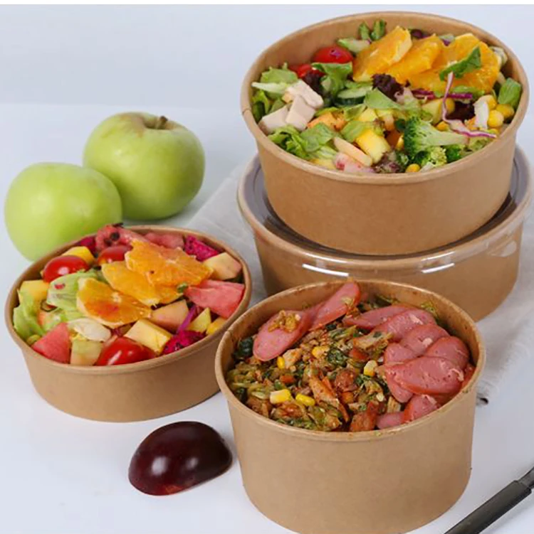 Custom printed 32 oz eco kraft to go take away food soup salad packaging disposable noodle takeaway craft paper bowls with lid