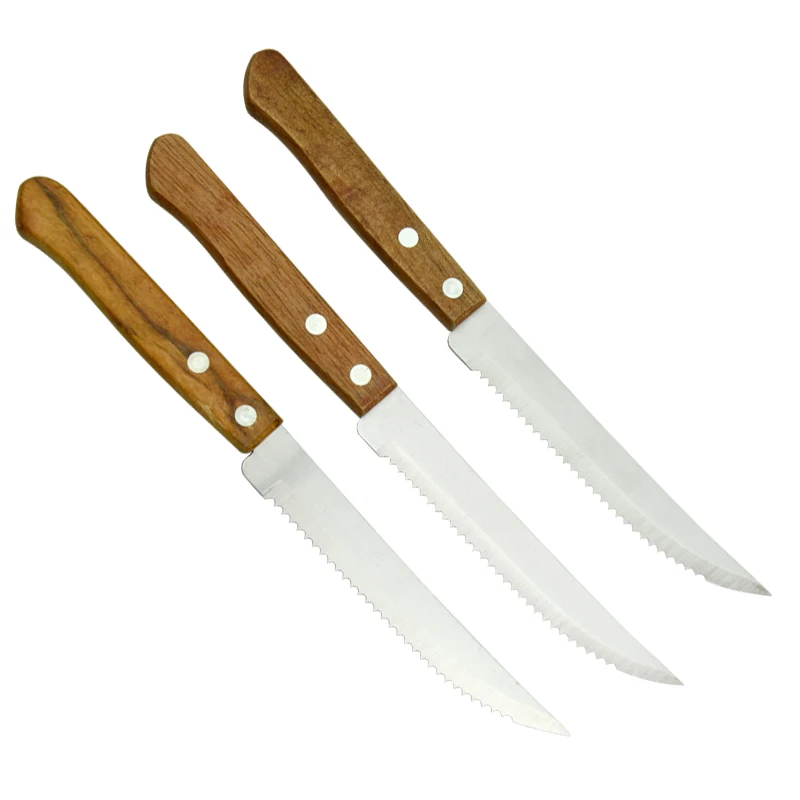 Custom design 3 pieces restaurant steak knives forged kitchen modern steak knife set of rivet reinforcement Wooden Handle