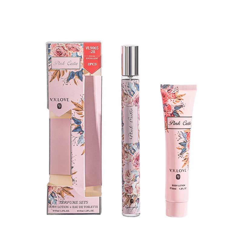 Customizable women perfume set 35ml*2 test tube perfumes and body lotion two-piece set for wholesale mini portable travel set