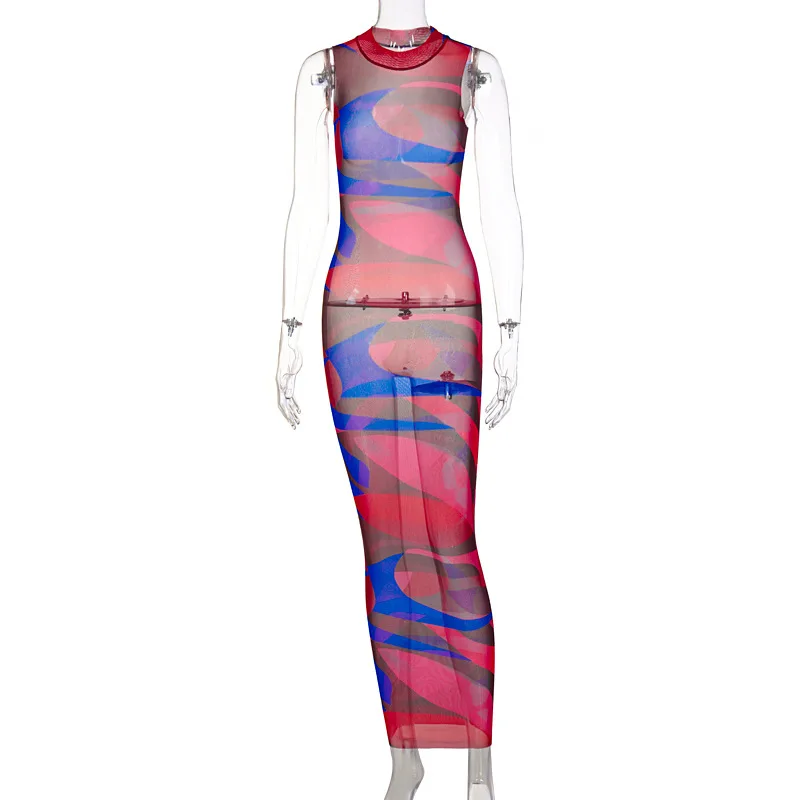 Sexy Chic Abstract Print Sheer Mesh Bodycon Maxi Dresses for Women Summer Beach Vacation Outfits