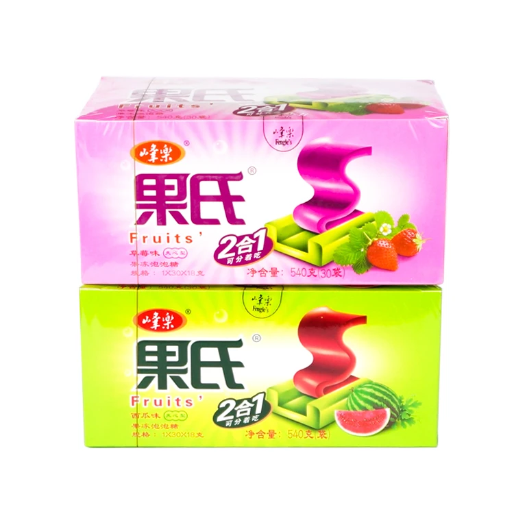 Fruity 2 in 1 Bubble Gum Sweet Chewing Gums Jelly Candy Strawberry Flavored Gummy Confectionery