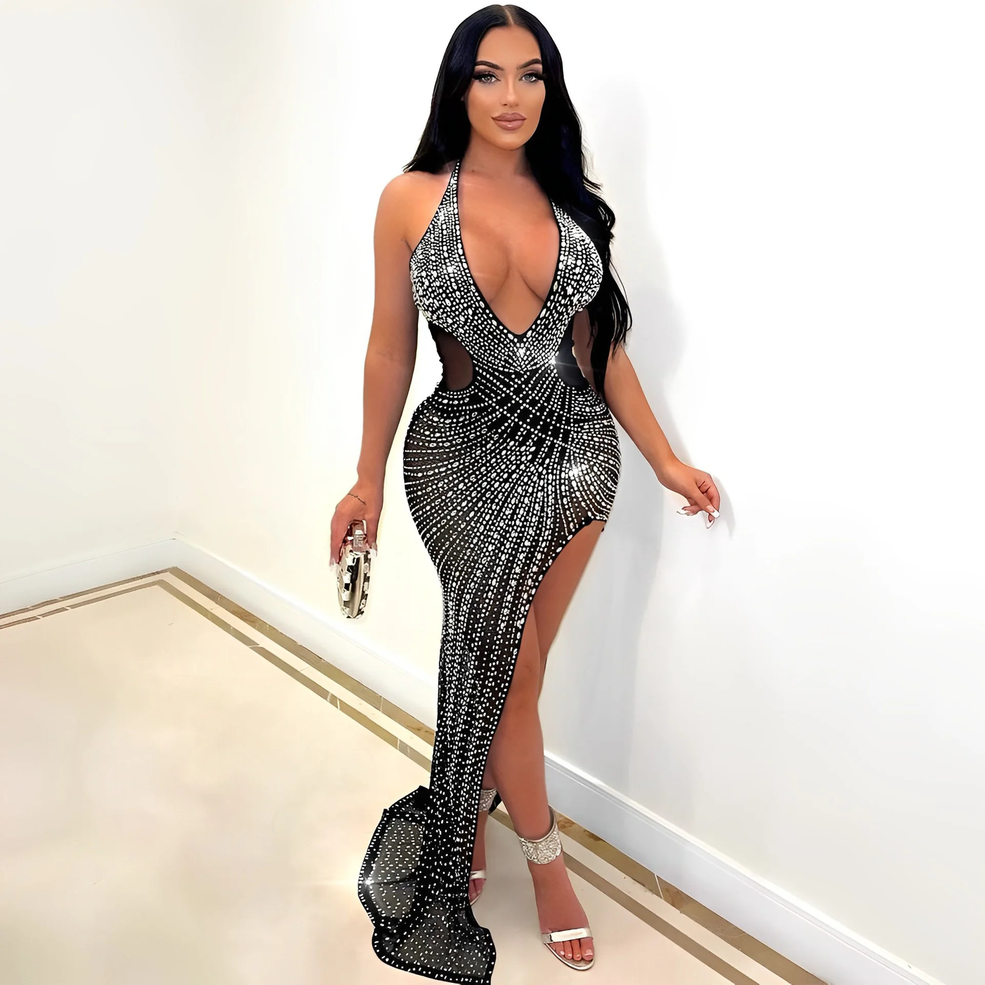 Womens Sexy Plunge V Neck High Side Split Halter Dinner Dress Mesh Cut Out Rhinestones Irregular Hem Long Evening Dresses