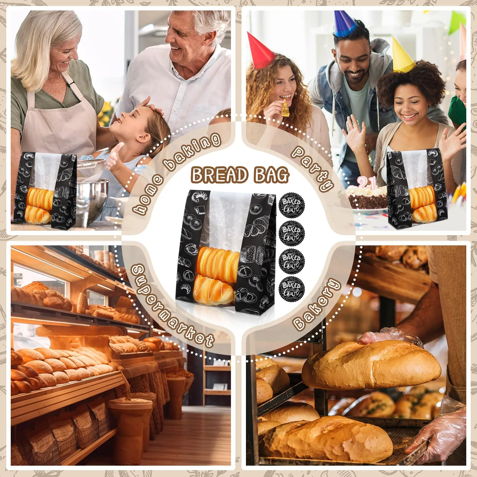 Customized Logo Design Print Greaseproof Kraft Treat Bakery Packaging Paper Bread Bag with Plastic Clear Window