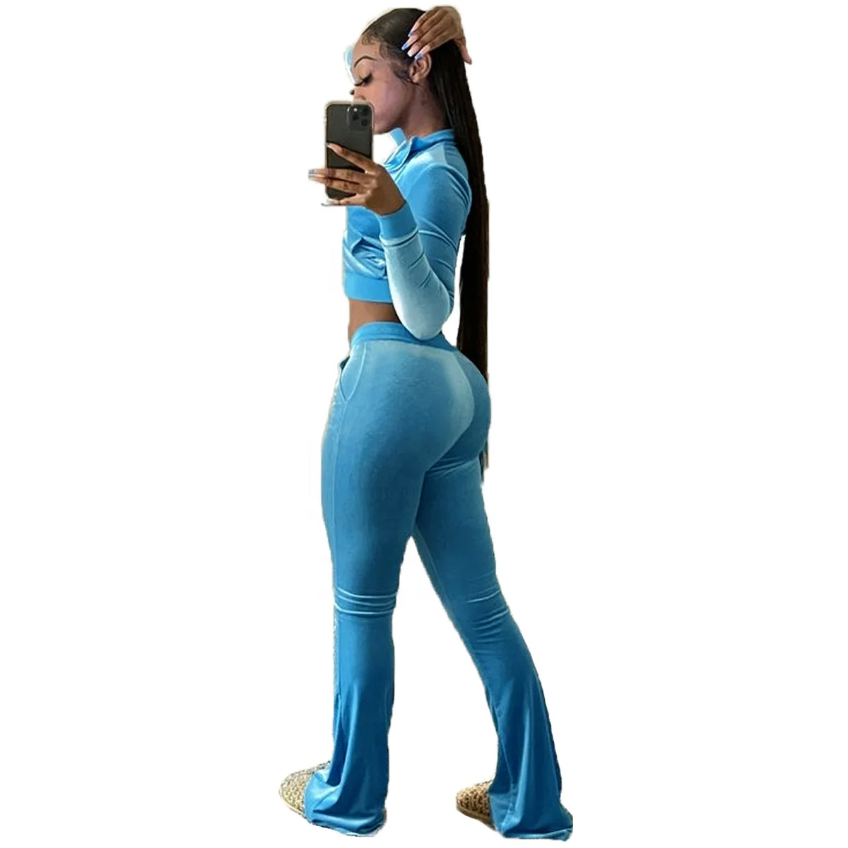 New Velvet Tracksuit For Women Ladies 2PC Solid Crop Top And Flared Pant Casual Outfits Two Piece Pants Set