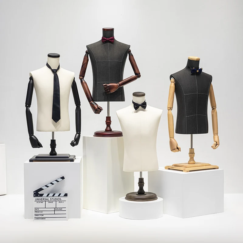 Wholesale Boutique Upper Half Body Mannequin Adjustable Height Male Suit Mannequin Torso with Wooden Stand