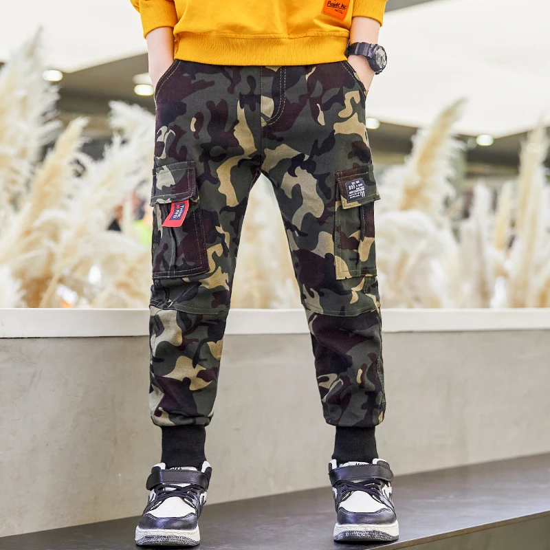 Factory price korean style printed Casual full length Stylish Camouflage kids boys pants cargo