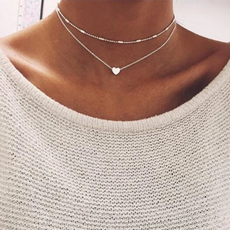 Fashion simple trend love necklace copper peach heart multilayer clavicle chain necklace wholesale