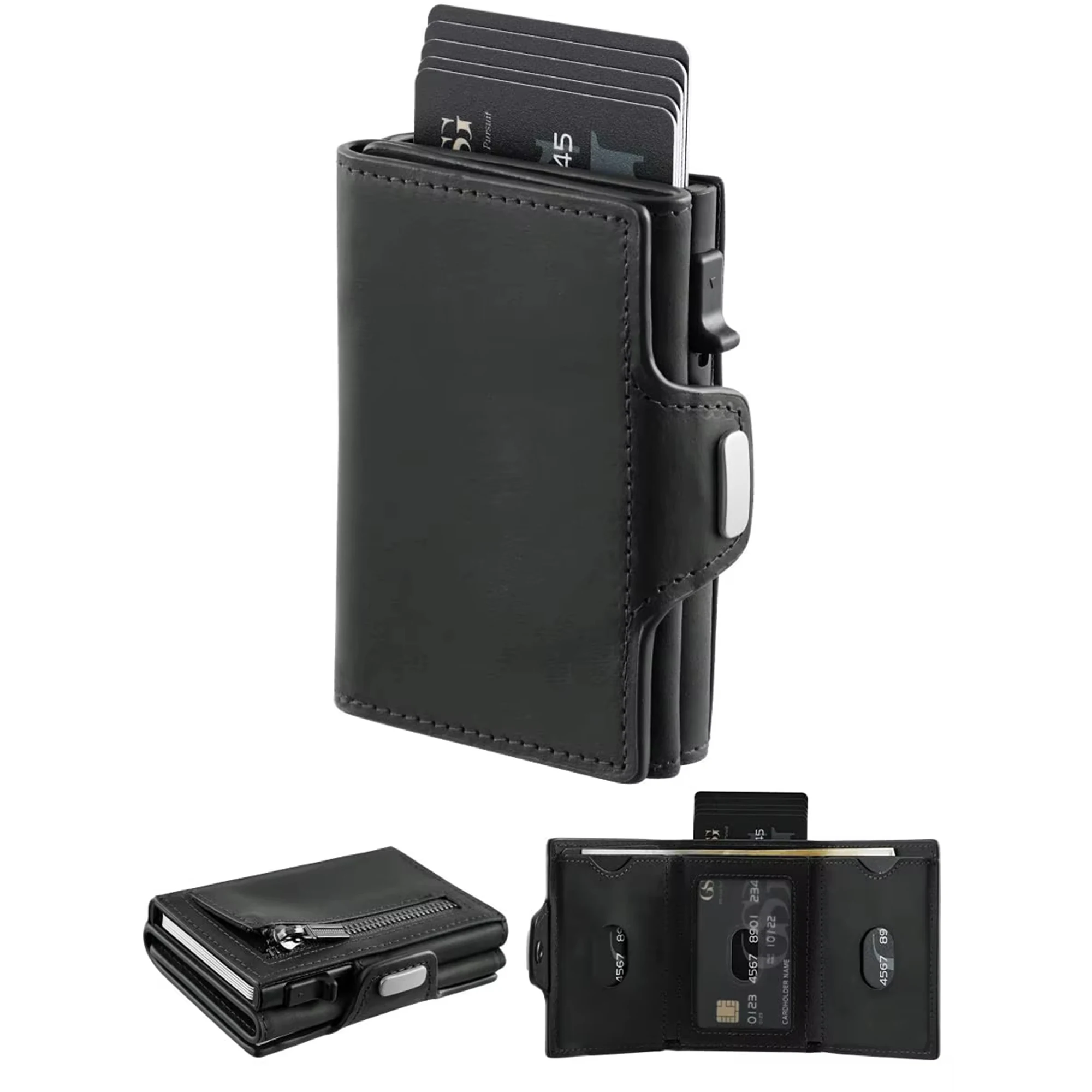 New Smart Automatic Pop Up Card Case Slim Metal Aluminum Wallet With Zipper Coin Pocket Real Leather Tri-fold Mans Wallet