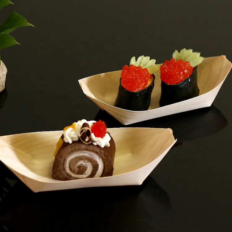 Vitalucks customized logo modern simple 9inch disposable pine birch bamboo japanese wooden sushi serving boat