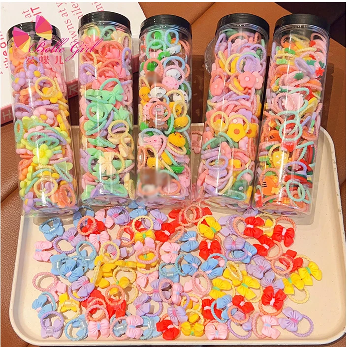 BELLEWORLD bulk 80pcs/box cute and sweet flower fruit hair ties for girls kids lovely hair accessories cartoon hair ties