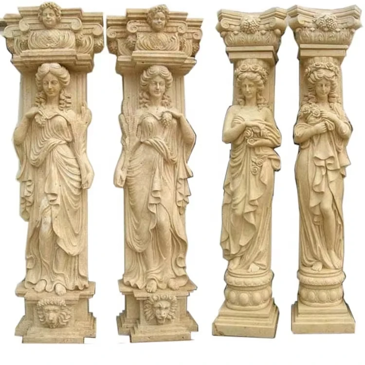 Outdoor Ldeal Arts Decorative Marble Pillars And Columns With Woman Statue Marble Woman Column