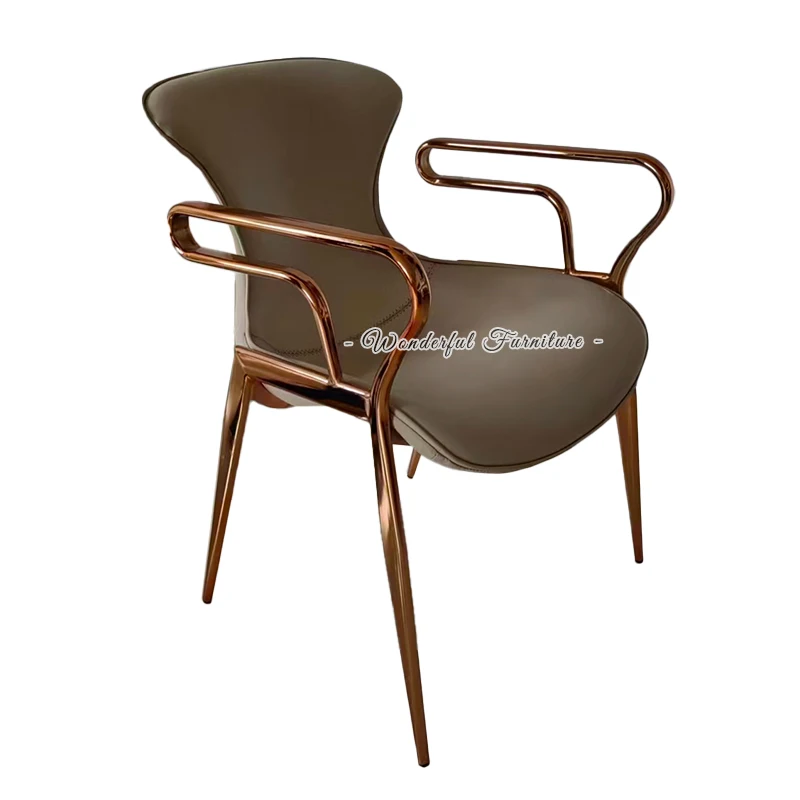 Most Popular Rose Gold Legs Backrest Armrest Designer Conference Chair Superior Light Luxury Dining Chair