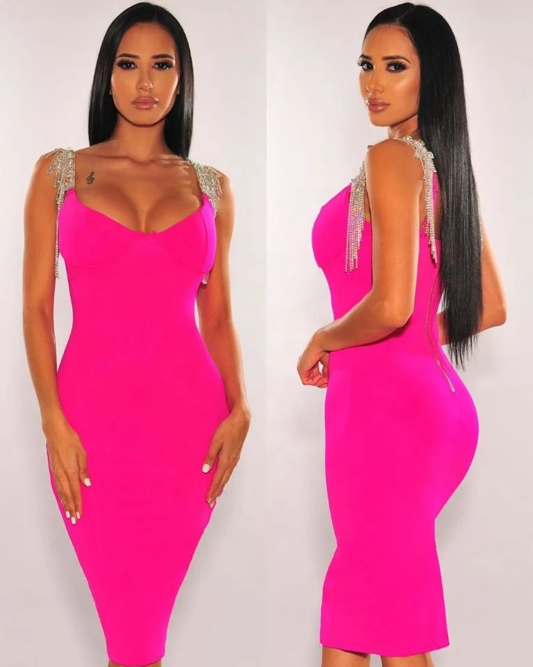 New Arrival Fashion Strap With Metal Beading Sexy Bandage Dress Bodycon  Evening Party Casual Dress Women Dress