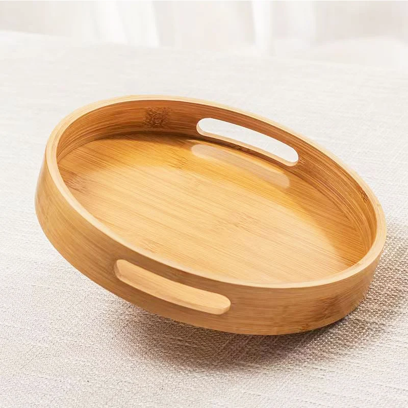 Bamboo round serving tray with handle  can be nested  breakfast bamboo tray