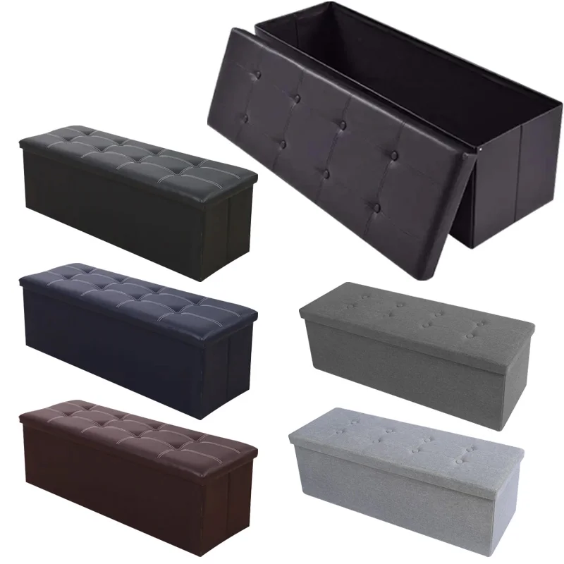 Laux Leather And Polyester Linen 120L Storage Bench Furniture Ottoman Living Room Modern Foot Stool Storage Ottoman