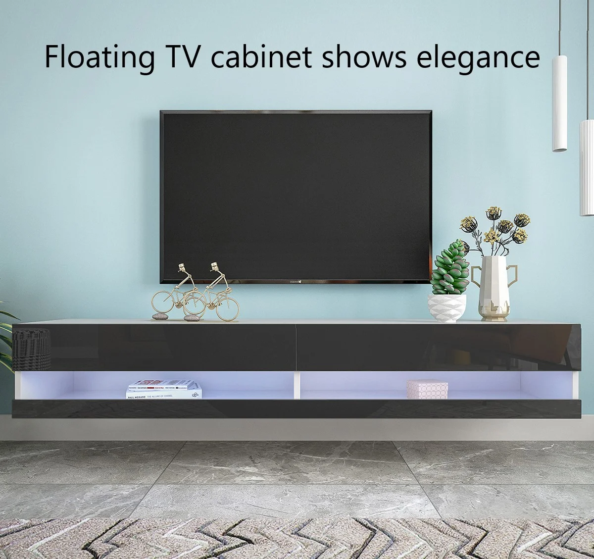 Modern living room furniture independent wall mounted floating wooden TV stand cabinet with LED light TV cabinet