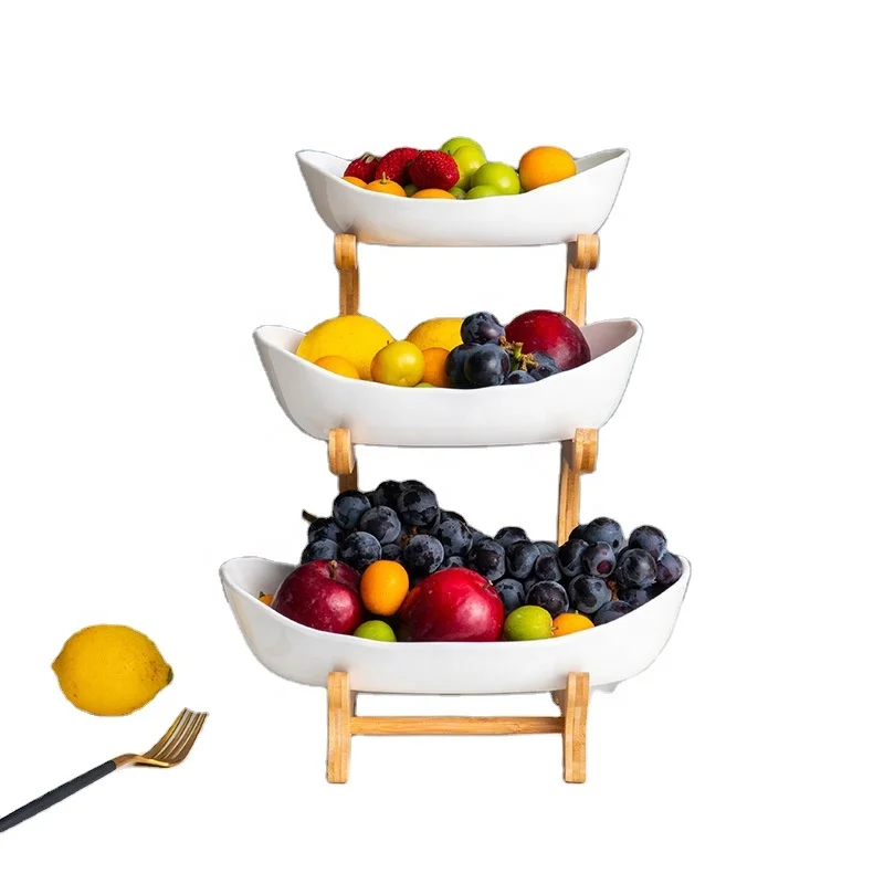 Wholesale Multi-layer Tiers Bamboo Kitchen Vegetable Storage Baskets Storage Baskets with Ceramic Plates