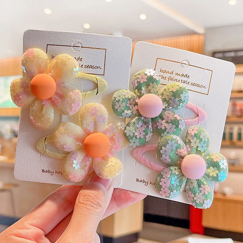 2 Pcs/set Sequins Flower Hair Clips Sweet Children Colorful Sequin Flowers Hairpins