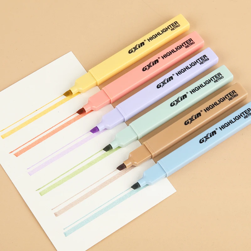 Gxin G-343 6pcs/set retro color highlighter marker pens set writing smoothly fluorescent pen factory price highlighters