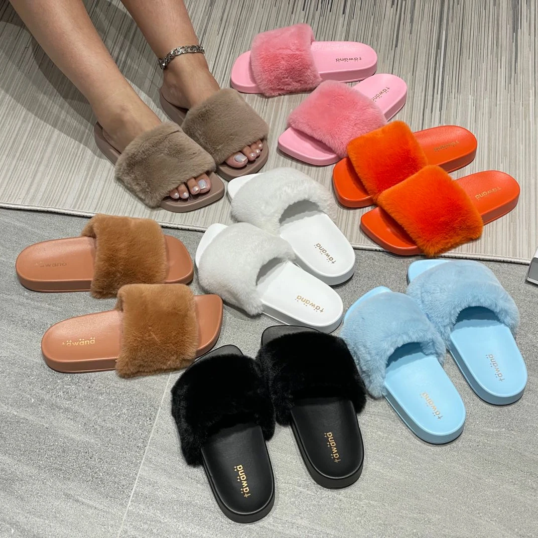 Лидер продаж на Amazon Ebay, новейшие женские сандалии, пушистые тапочки на плоской подошве, сланцы с двумя ремешками, зимние дизайнерские тапочки