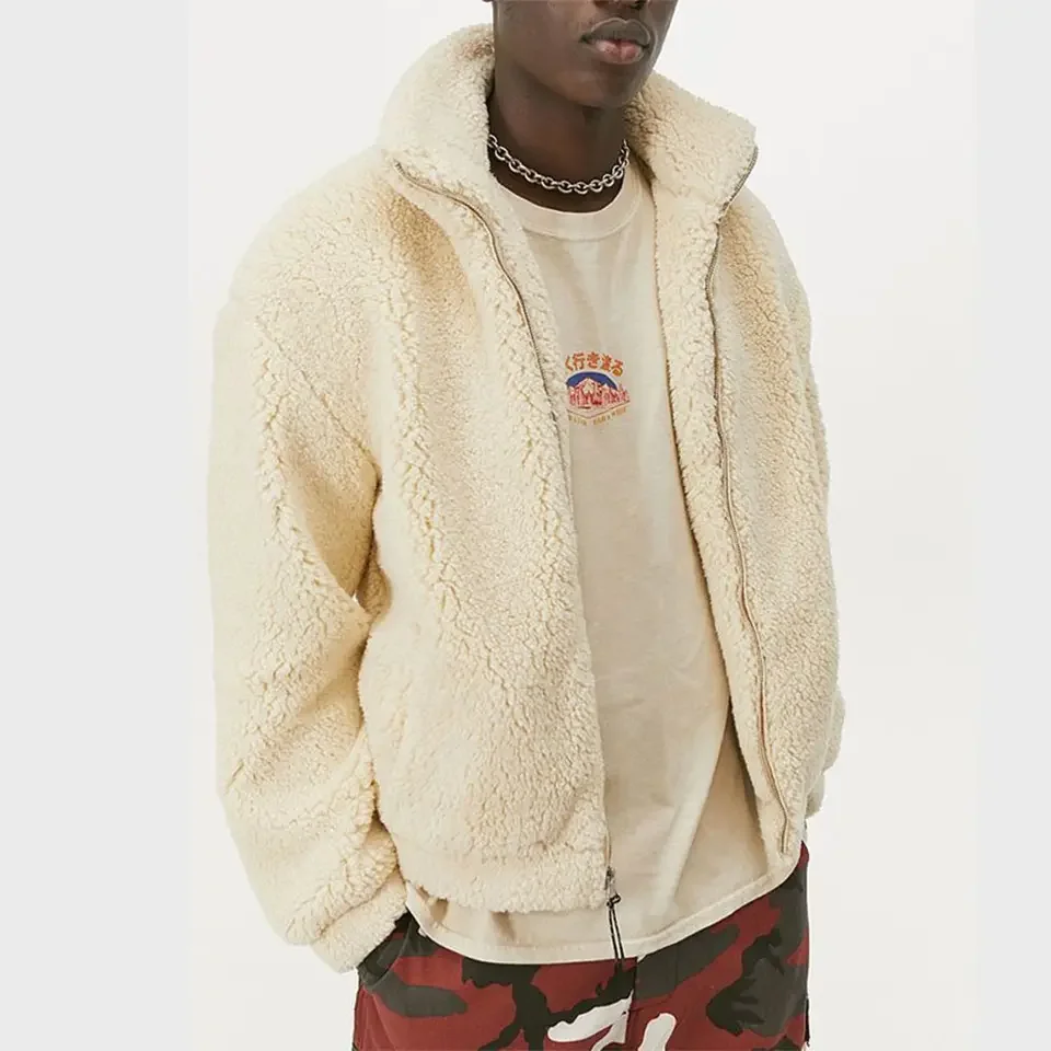 Custom Embroidery Logo Sherpa Bomber Jacket Men White Blanket Soft Sherpa Fleece Heavyweight Jacket