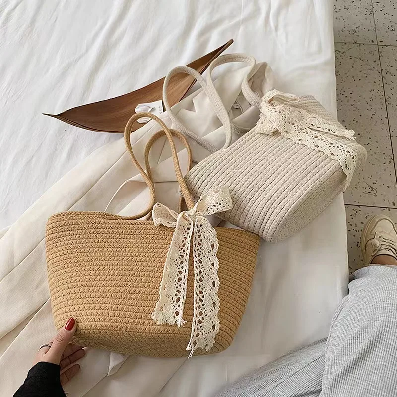 Thread Handbags Summer Beach Tote Bag Knitted Bag Handmade Crochet Women Purse Straw  Beach Bag