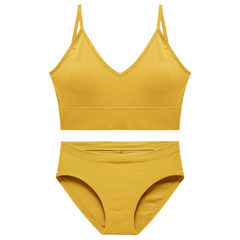 Custom Logo Female Young Girl Ladies Sexy Cotton Wire Free Bra Brief Sets Woman Underwear Panty And Bra Set
