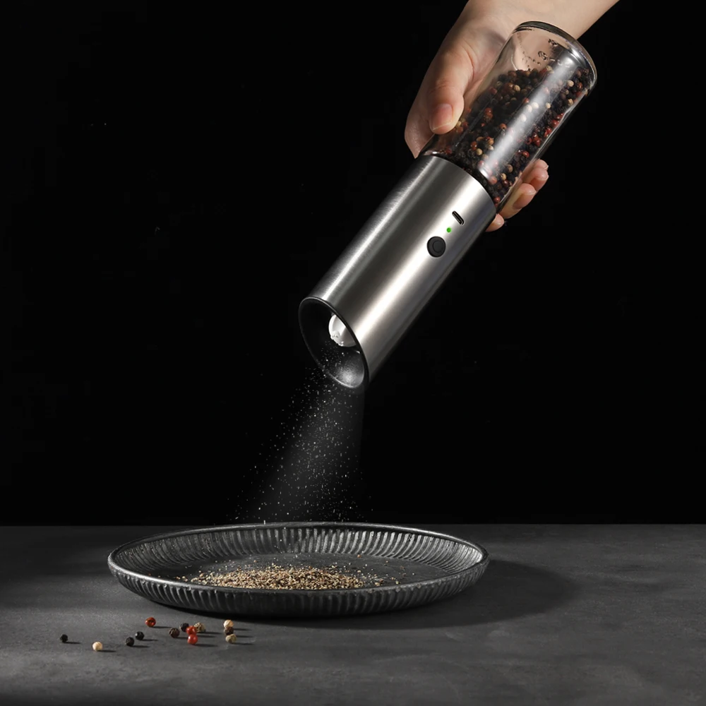 304 Stainless Steel Ceramic Burr Gravity Rechargeable Type-C Electric Spice set Salt and Pepper Grinder with LED Light
