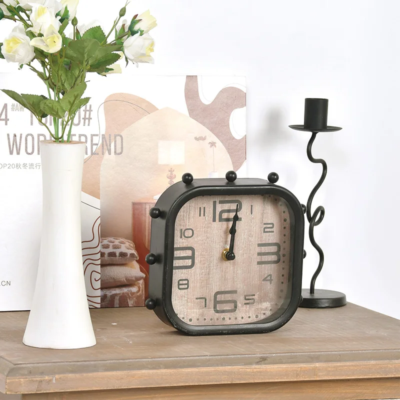 Functional Design Small Modern Black Metal Frame Home Table Clock For Home Office Decor