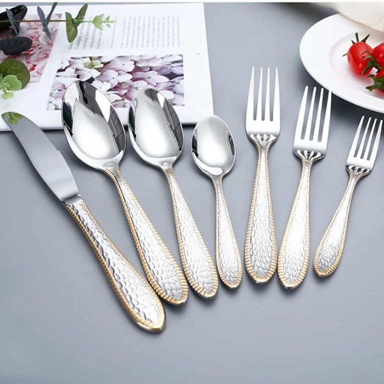 Dishwasher Safe Stainless Steel Flatware Silverware Knife Fork Spoon Handle With Gold Edge Cutlery With Individual Packing