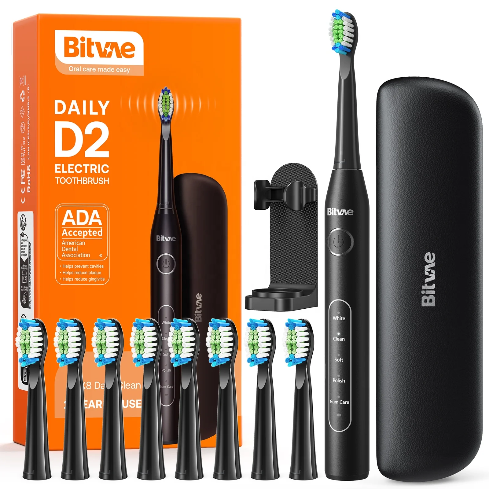 Bitvae BV D2 Daily Electric Toothbrush 8 Toothbrush Heads and Travel Case IPX7 Electric Toothbrush with Holder