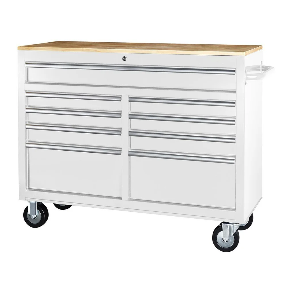 Customizable 9-Drawer Mobile Tool Storage Cabinet with Solid Wood Top White Movable Workbenches for Workshop Use Made Steel Iron