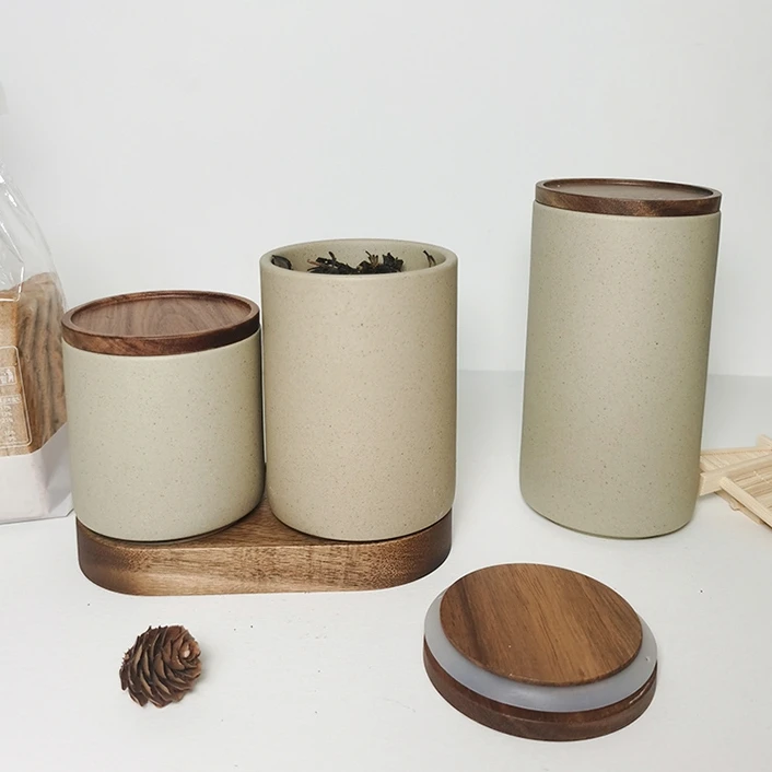 Porcelain Custom Kitchen Food Snack Tea Coffee Bean Sugar Ceramic Candy Cookie Canisters Tray Storage Jar With Wooden Lid Set