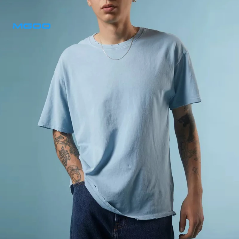 MGOO Manufacturer Solid blue t-shirt Men ripped vintage tee
