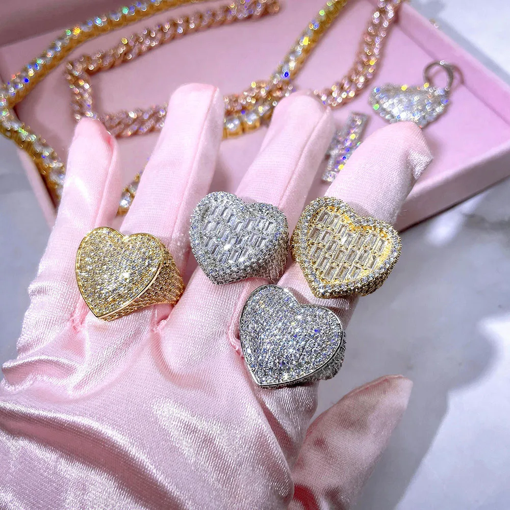 Foxi jewelry new release chunky women rings 925 sterling silver plated iced out heart ring bling