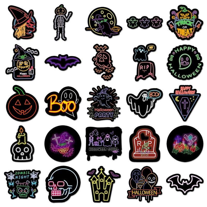 50PCS Factory Outlet Cartoon Custom Colorful Cool Festival Neon Halloween Sticker For Laptop Cup Journal Sticker