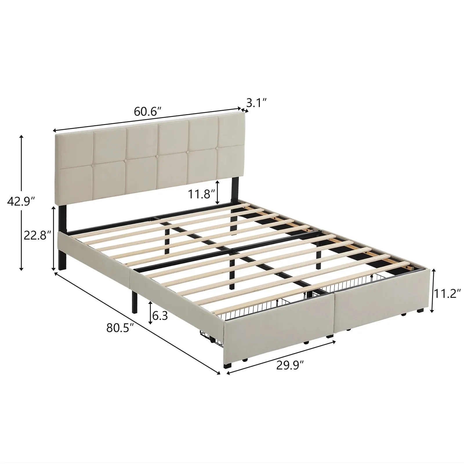 Full Twin Bed Frame with Storage Upholstered Double Bed Platform Bed for Apartment Hotel Bedroom
