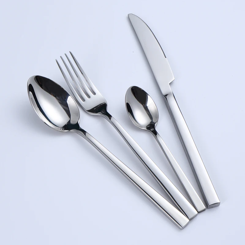 High Quality 18/10 Cutlery  Mirror Polish Square Handle Hotel Shiny Stainless Steel Flatware Set