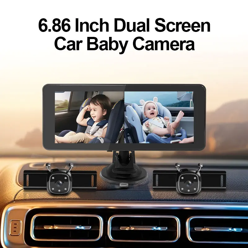 New USB-Type C Charger HD Night Vision 6.86 inch 2CH Baby Car Camera, Back Seat Kids Safety Care Dual Screen Baby Car Mirror