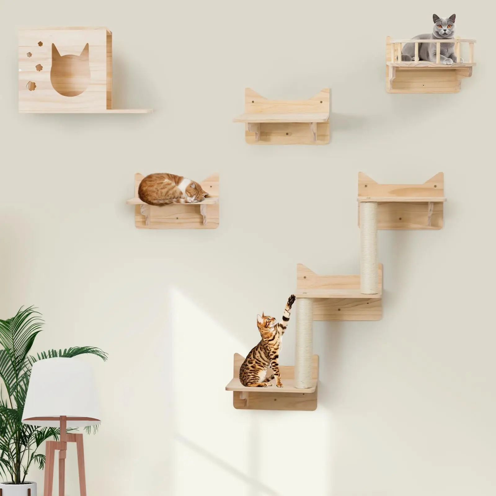 High Quality Set of 5 Furniture Set Solid Wood Wall Mounted Carpet-Covered Cat Shelves and Perches for Wall