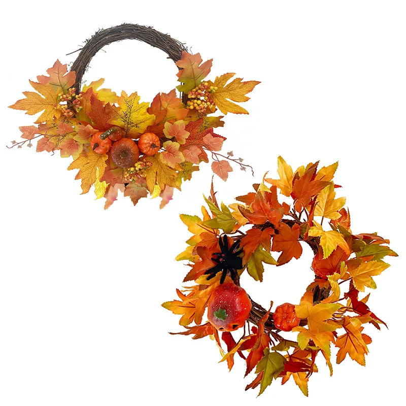 Maple Leaves Wreath with Pumpkins Autumn Fall Flower Decor Harvest Season Artificial Wreath with Maple Leaf Decoration Wreath