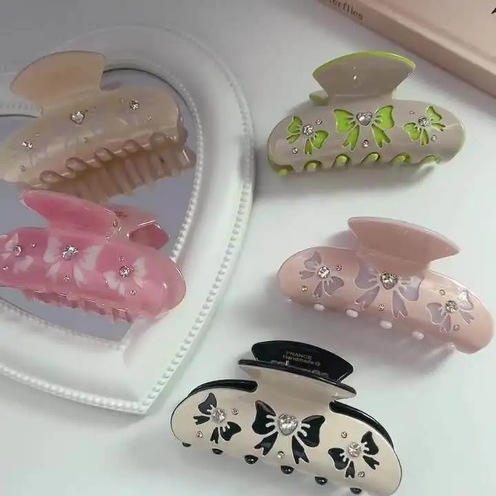 Wholesale custom baby hair claw clips girls rhinestone pink diamond bow hair accessories for children