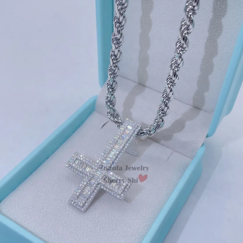 whiote gold 925 silver vvs moissanite diamond iced out hip hop pass diamond tester upside down cross pendant