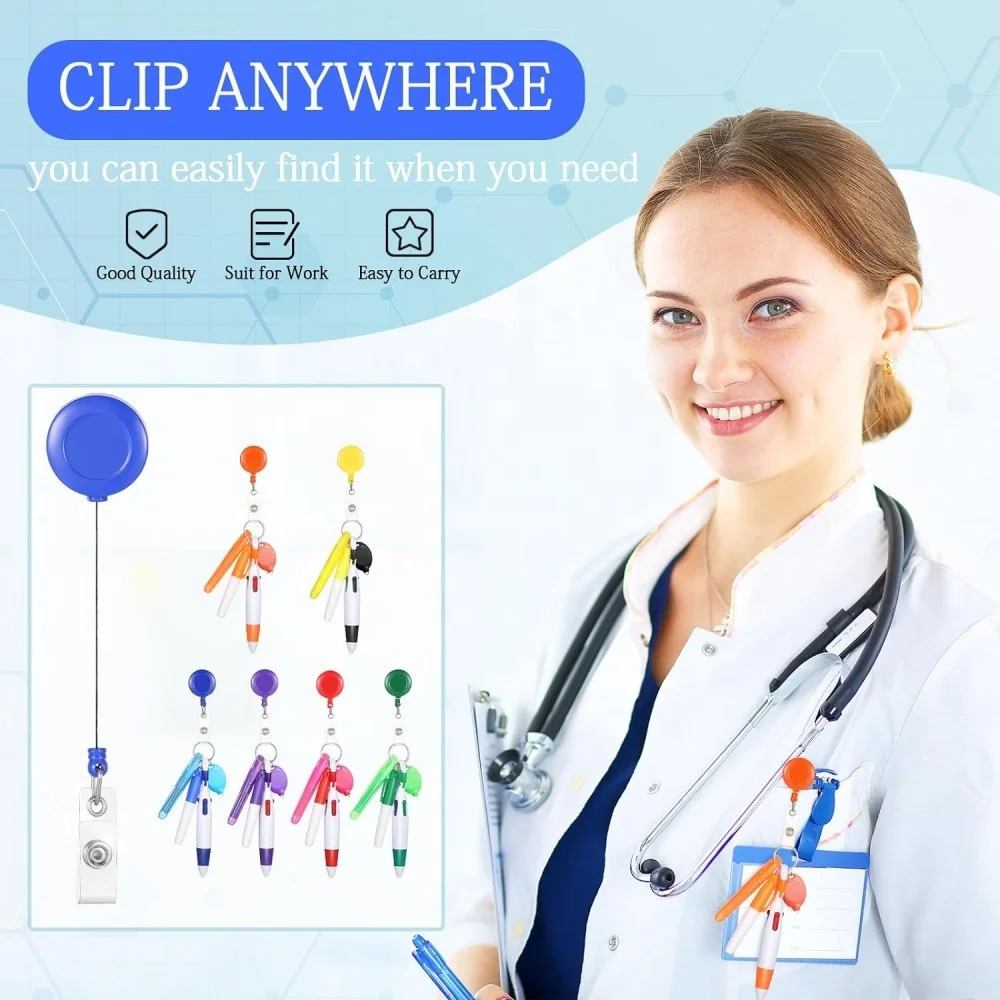 Retractable Shuttle Pen Set Badge Reel Mini Highlighter Neon Marker Pen Key Chain Flashlight Retractable Badge Reel Badge Holder
