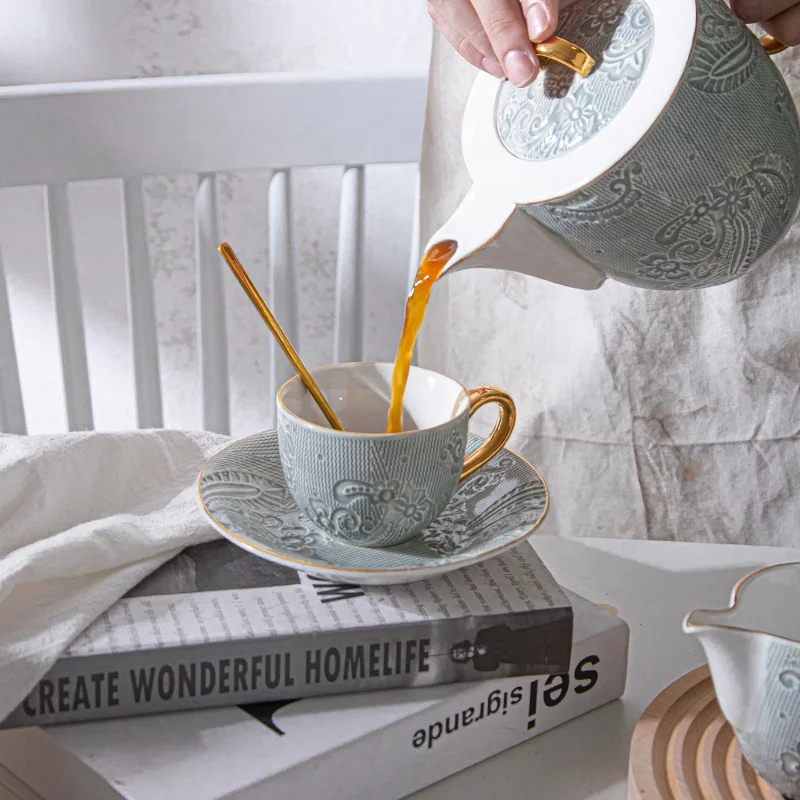 Light Luxury 4PCS Ceramic Afternoon Coffee Pot Cup Set Stoneware Tea Cup Saucer Set